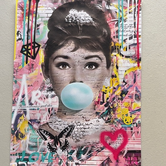 Modern Pop Art Wall Decor with Pink and Blue Accents Audrey Hepburn BANKSY - Picture 1 of 2
